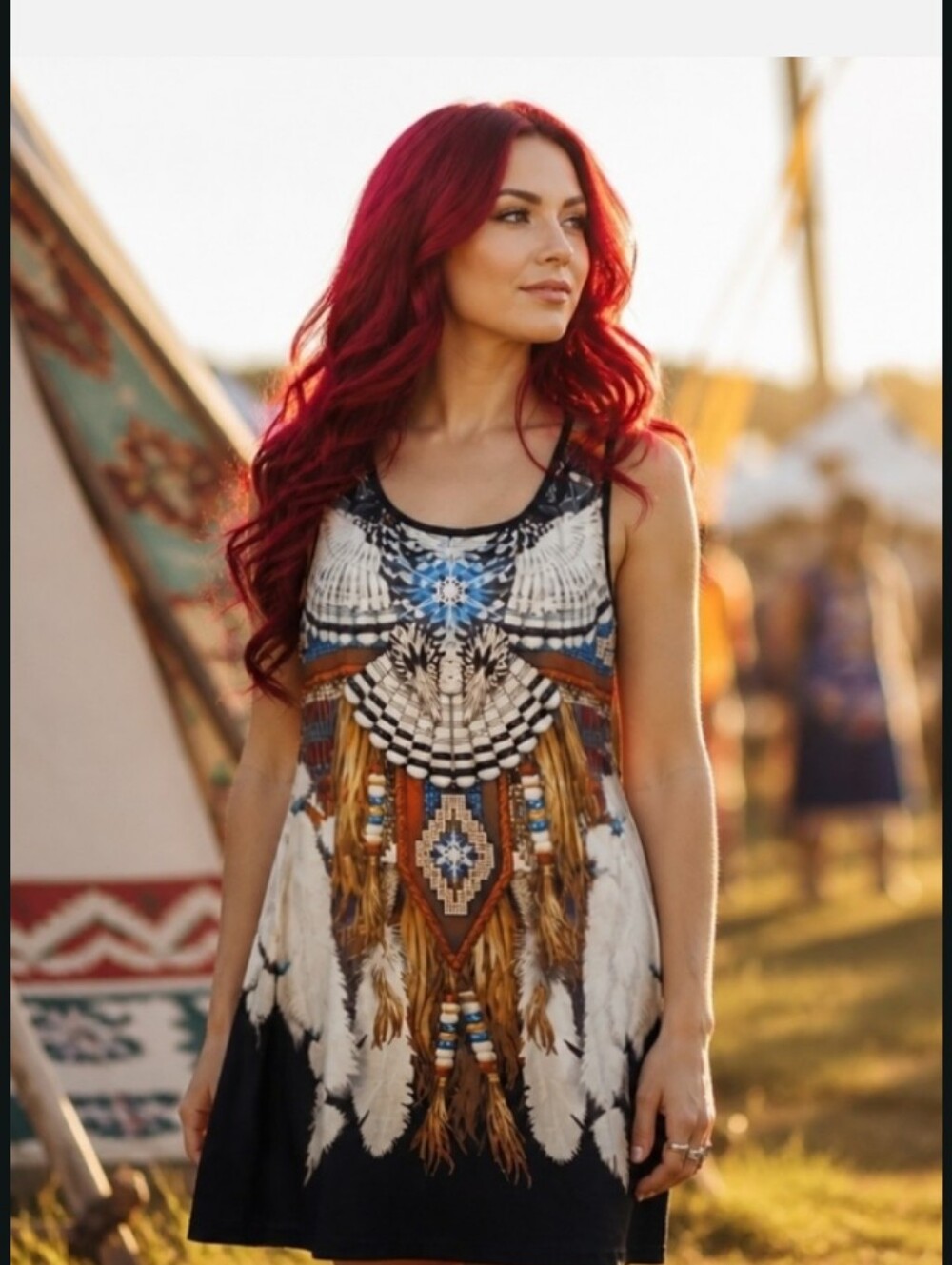 Sleeveless Boho Feather Print Dress - Black/Multi